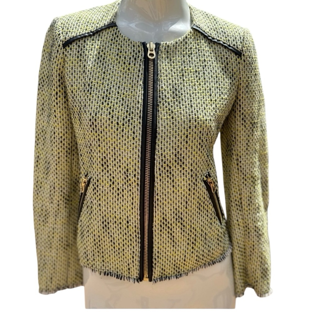 Juicy Couture Yellow/Green Tweed Jacket front zip faux leather trim size small